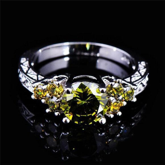 Olive Green Peridot Birthstone Silver Fashion Ring Size 7 NWOT - Picture 3 of 15